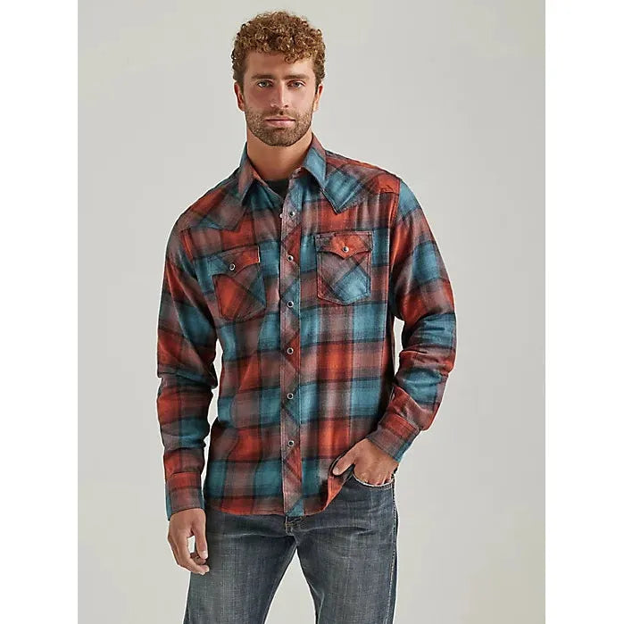 Men's Wrangler Retro® Long Sleeve Flannel Western Snap Plaid Shirt in Teal Tan Plaid