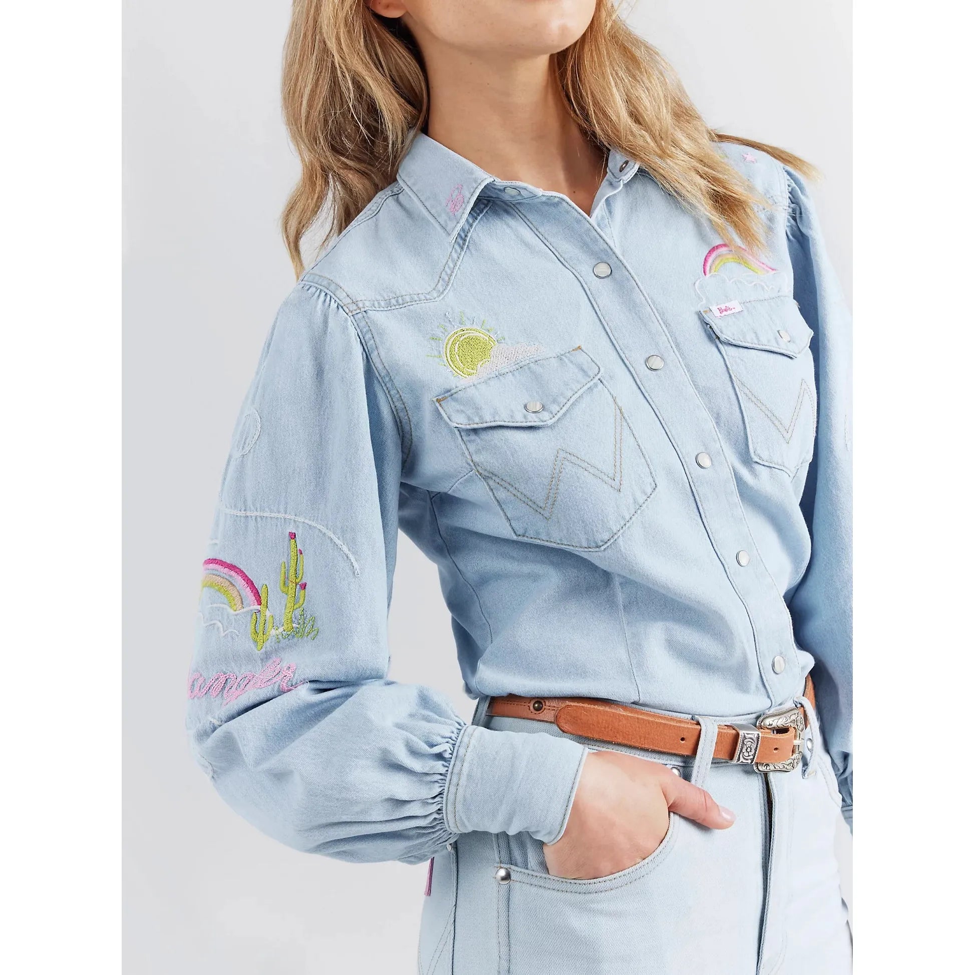Wrangler x Barbie™ Western Balloon Sleeve Embroidered Blouse in Ken Wash