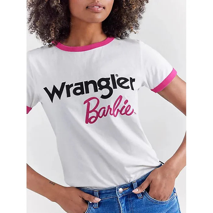 WRANGLER X BARBIE™ LOGOS SLIM RINGER TEE IN WORN WHITE