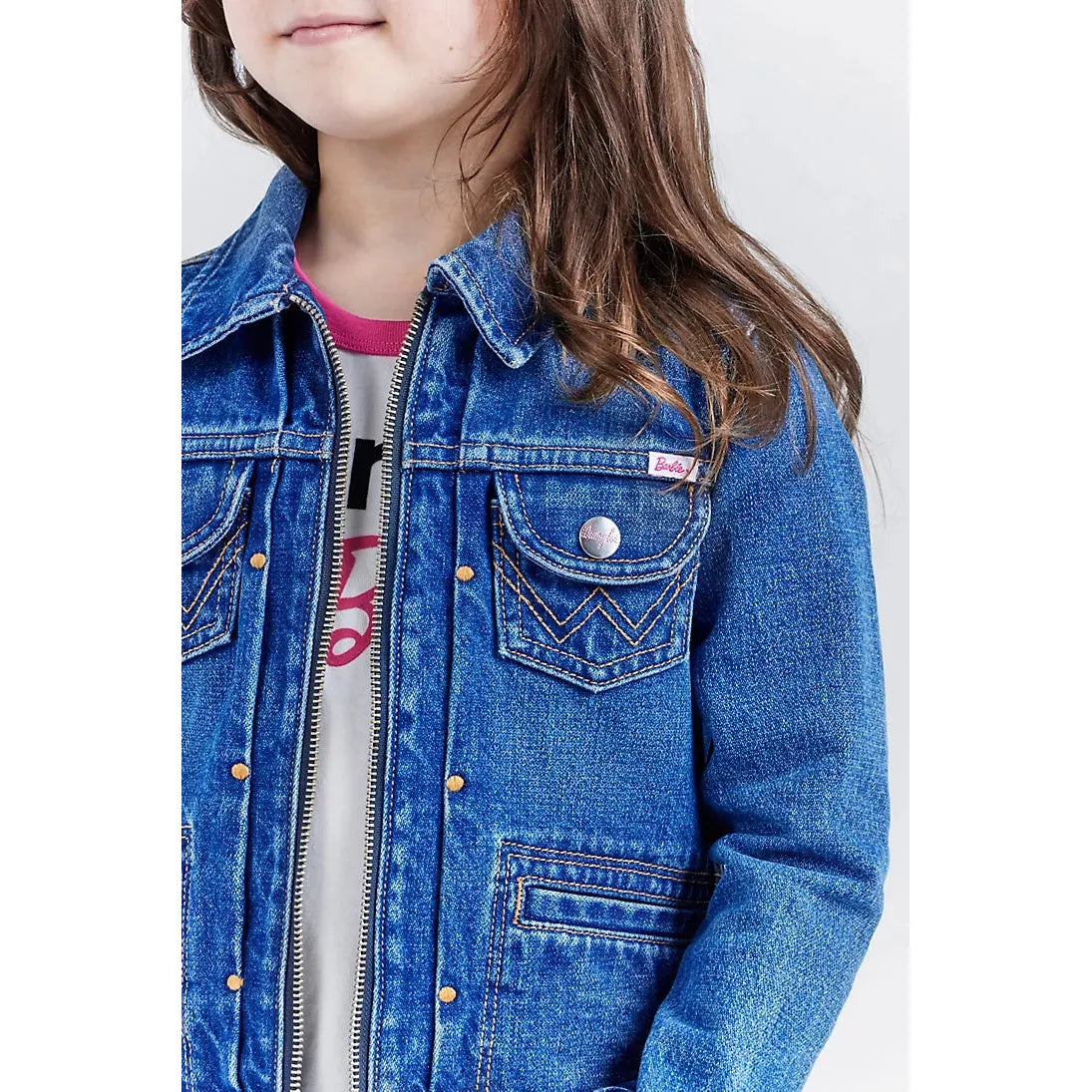 Girl's Wrangler x Barbie™ Zip Front Denim Jacket in Wrangler Blue