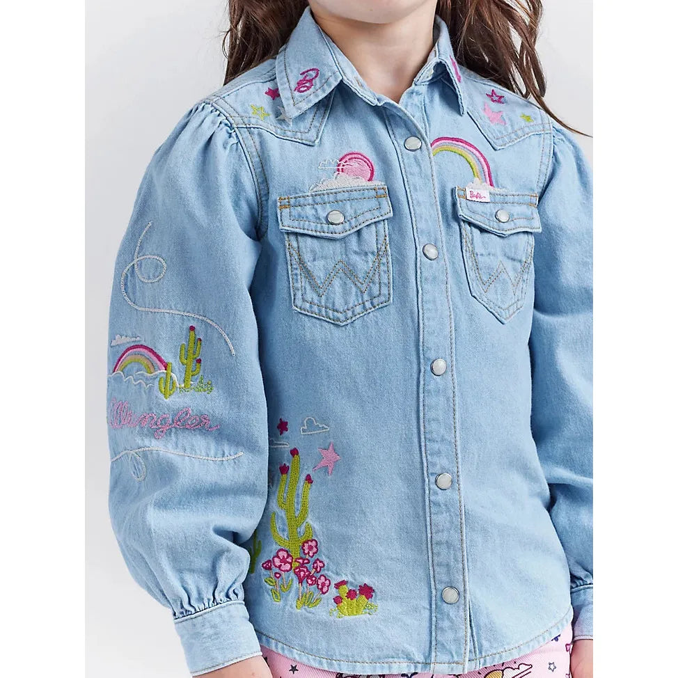 Wrangler x Barbie™ Girl's Balloon Sleeve Embroidered Blouse in Ken Blue