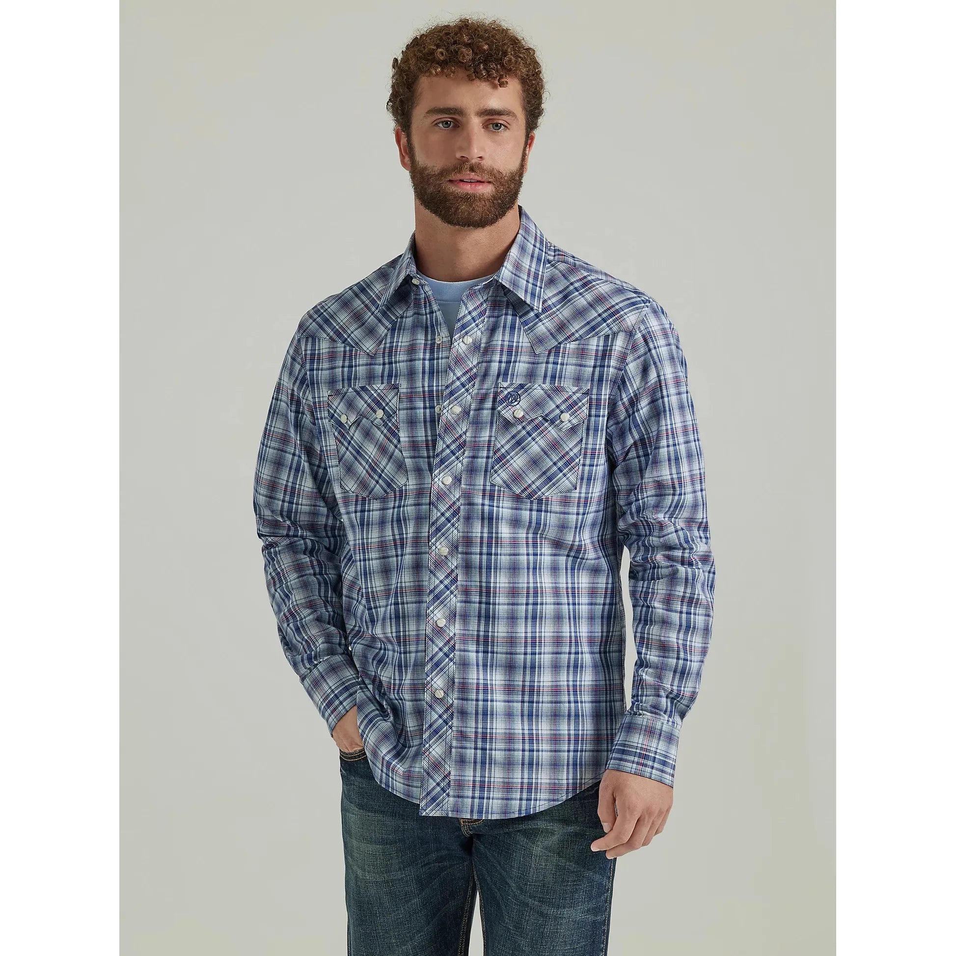 MEN'S WRANGLER RETRO® LONG SLEEVE SAWTOOTH SNAP POCKET WESTERN SHIRT IN OLE BLUE PLAID