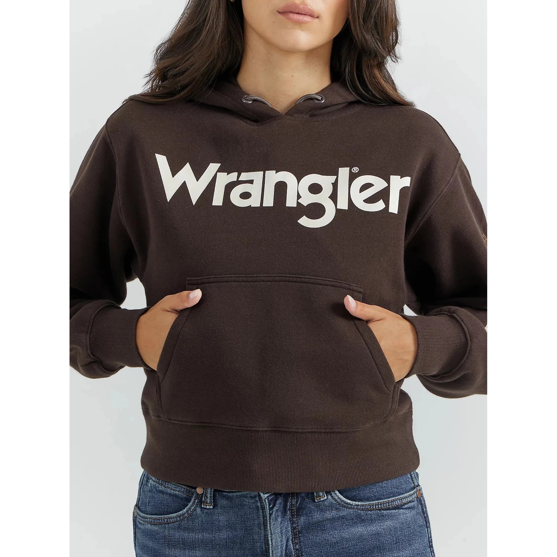 Women's Wrangler Logo Southwestern Embroidered Pullover Hoodie in Chocolate Brown