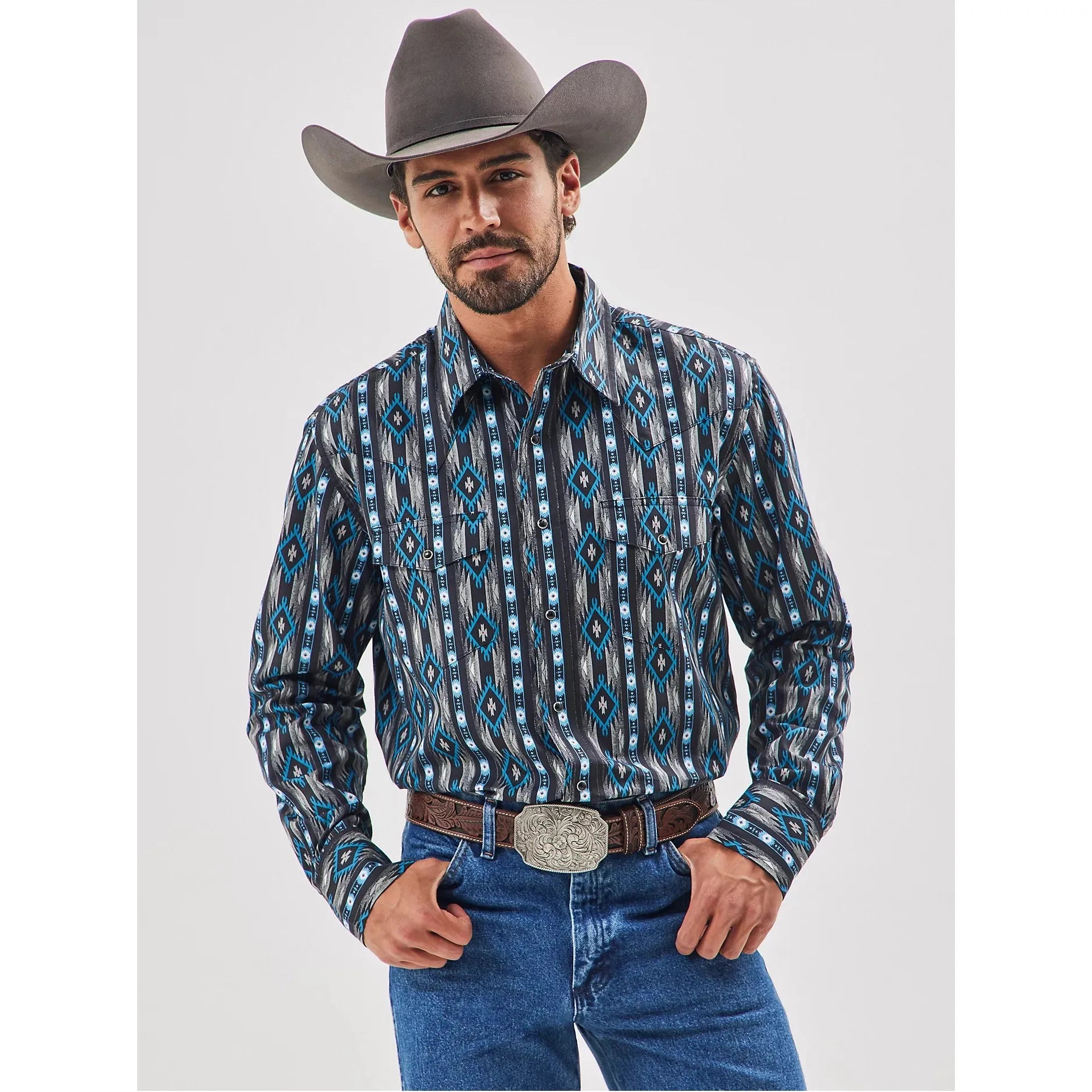 Men's Checotah® Long Sleeve Western Snap Printed Shirt-Black Bleu