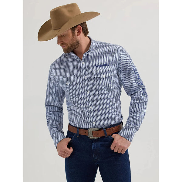 Men's Wrangler Logo Long Sleeve Western Snap Print Shirt - Navy Honeycomb