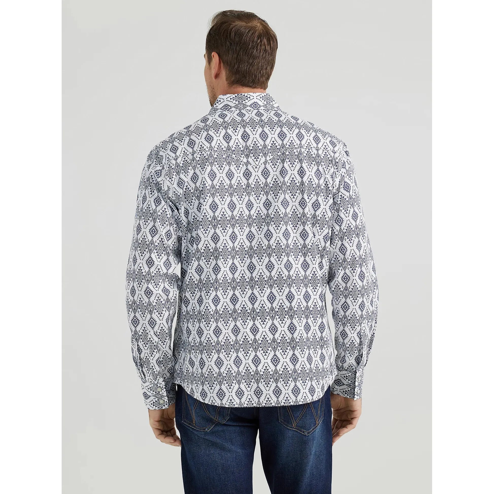 Men's Wrangler Retro Premium Long Sleeve Western Snap Printed Shirt- Navy Diamonds