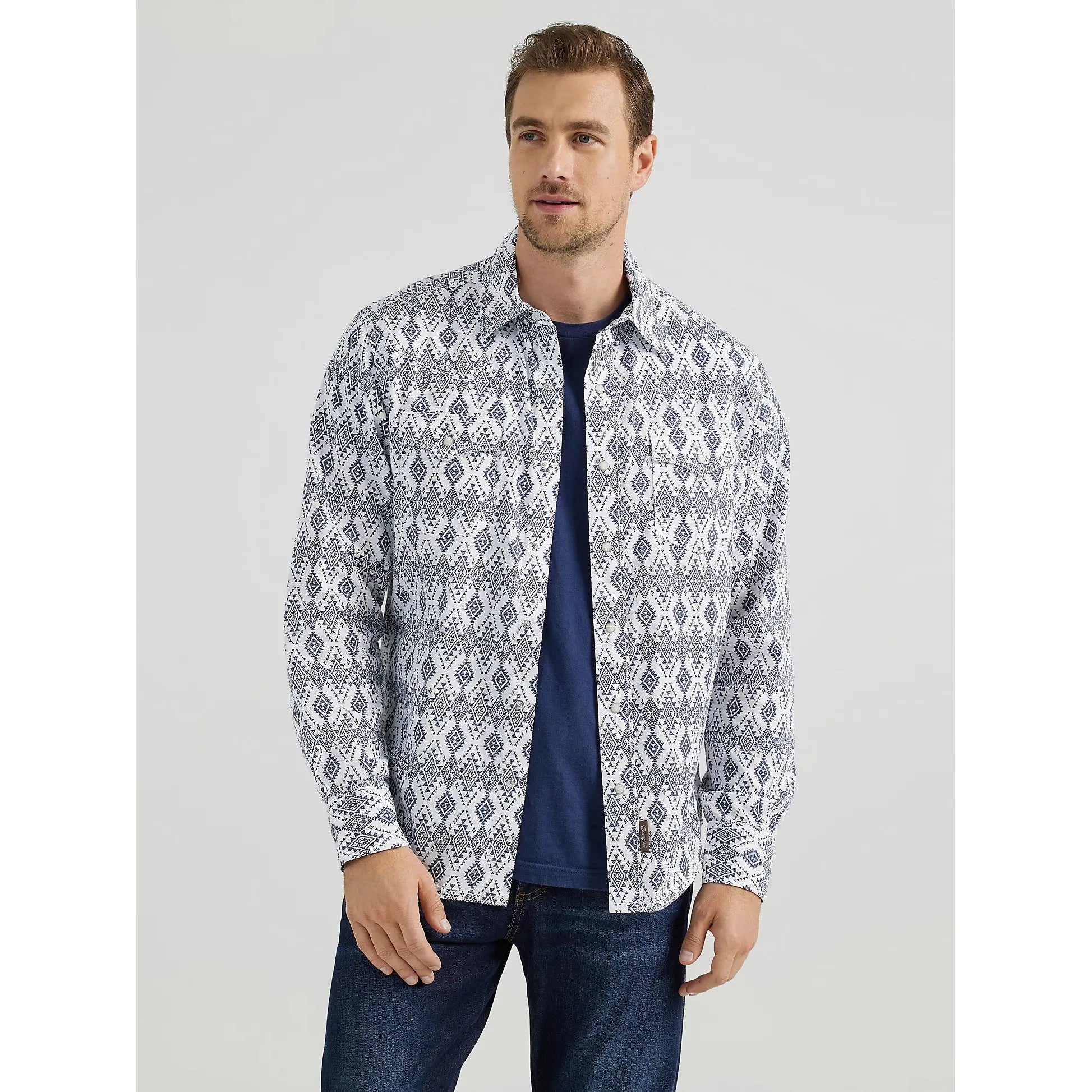 Men's Wrangler Retro Premium Long Sleeve Western Snap Printed Shirt- Navy Diamonds