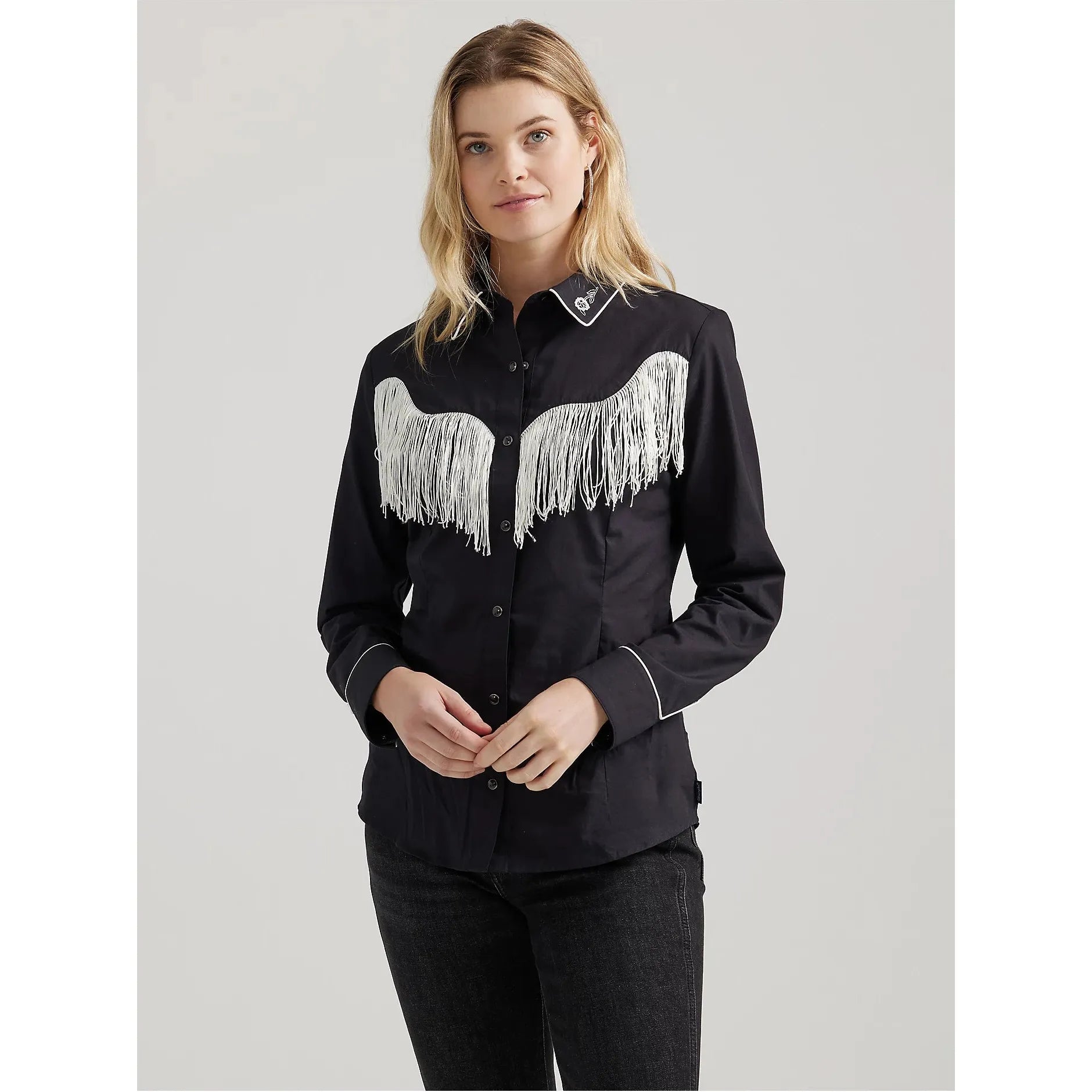 Women's Wrangler Western Dress Fringe Snap Shirt-Black