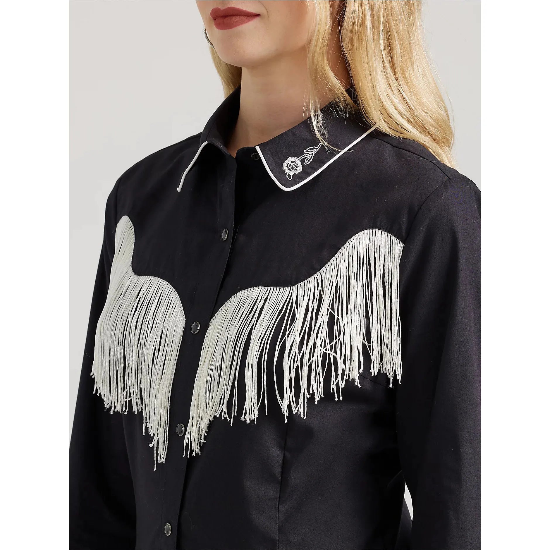 Women's Wrangler Western Dress Fringe Snap Shirt-Black