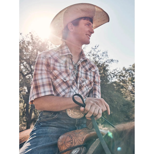 Men's Wrangler Retro Short Sleeve Sawtooth Pocket Western Snap Shirt-Classic Browns