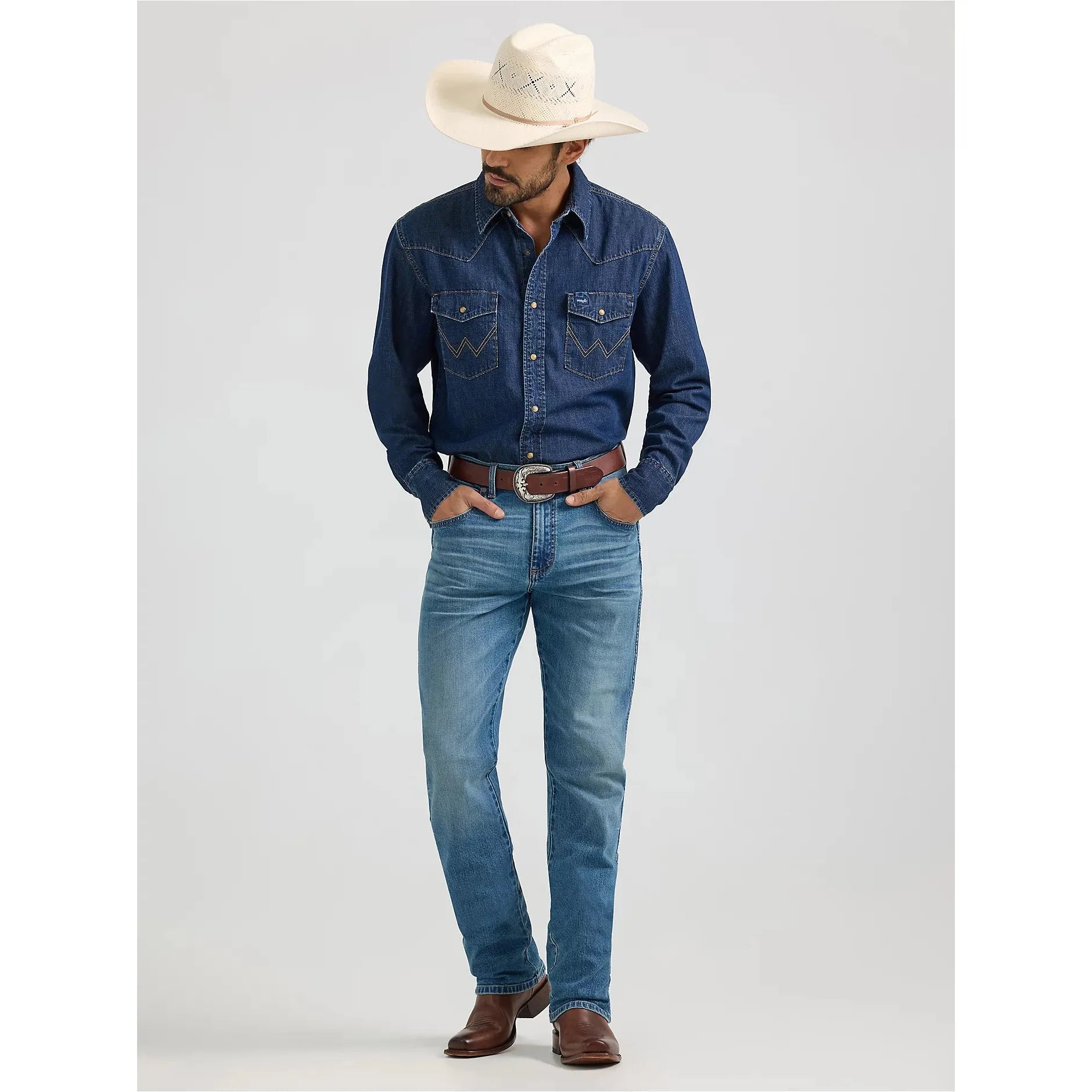 MEN'S WRANGLER® CLASSIC DENIM WESTERN SNAP SHIRT-MID WASH DENIM