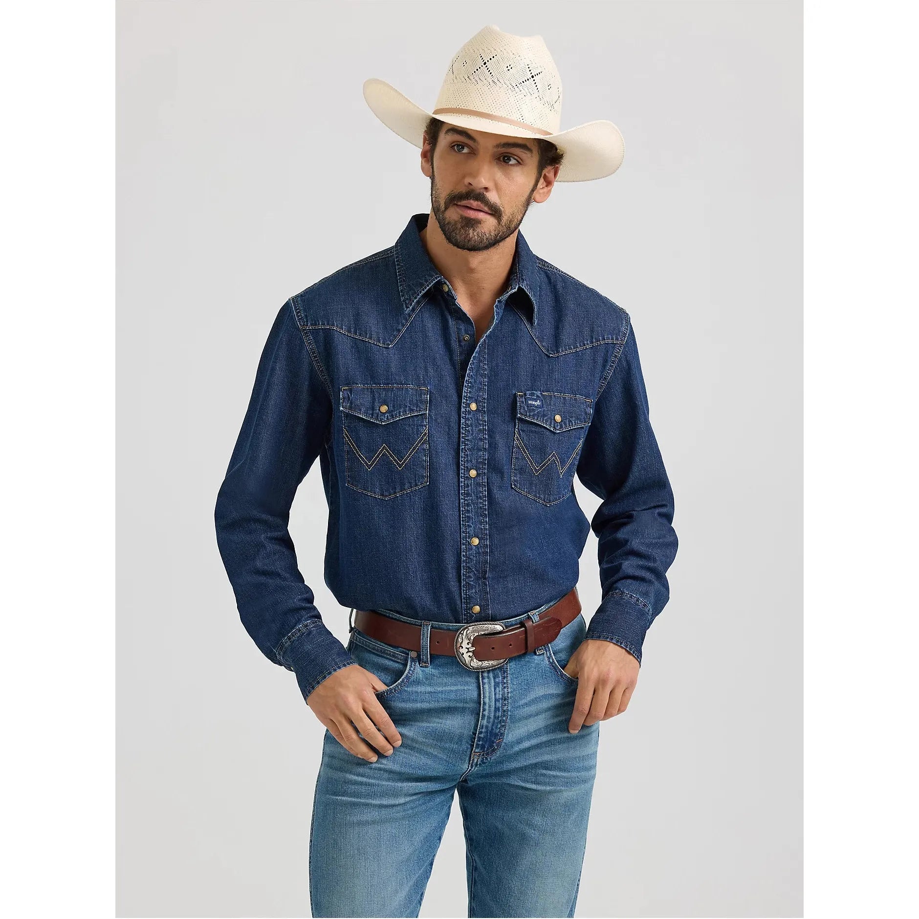 MEN'S WRANGLER® CLASSIC DENIM WESTERN SNAP SHIRT-MID WASH DENIM