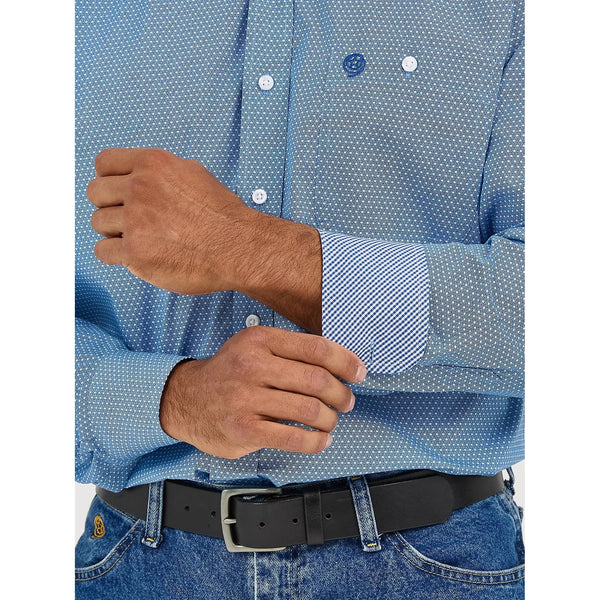 Men's Wrangler® George Strait™ Long Sleeve Button Down One Pocket Shirt in Dusty Blue Microdot