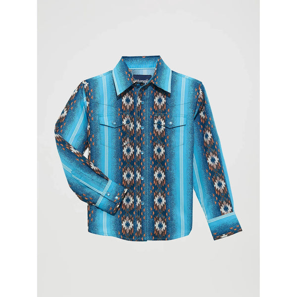 Boy's Wrangler Checotah® Long Sleeve Western Snap Printed Shirt-Sea Salt Blue