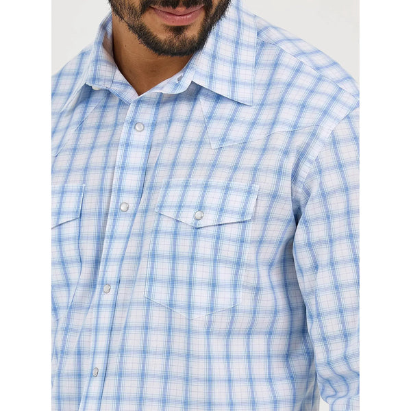 Men's Wrangler Wrinkle Resist Long Sleeve Western Snap Plaid Shirt-Seaside Blue
