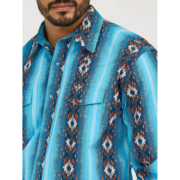 Men's Wrangler Checotah® Long Sleeve Western Snap Printed Shirt-Sea Salt Blue