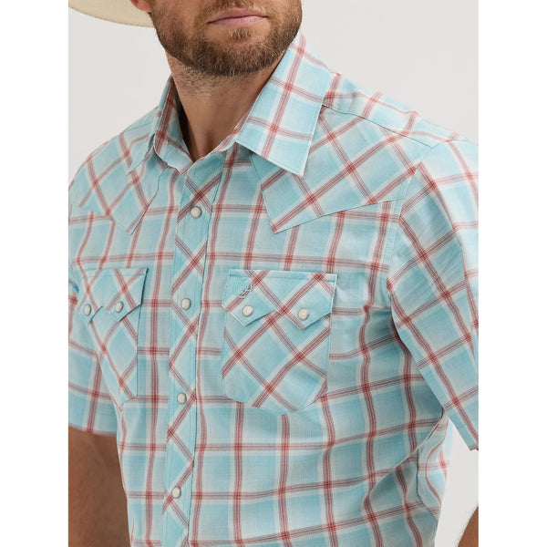 Men's Wrangler Retro Short Sleeve Sawtooth Pocket Western Snap Shirt-Icy Sea