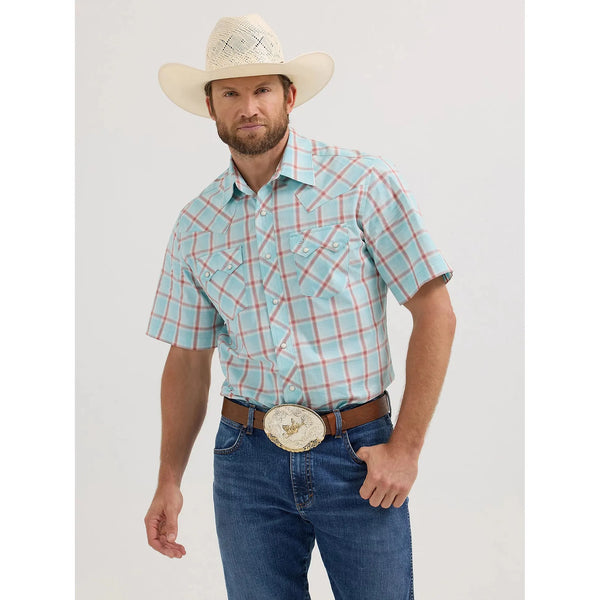 Men's Wrangler Retro Short Sleeve Sawtooth Pocket Western Snap Shirt-Icy Sea