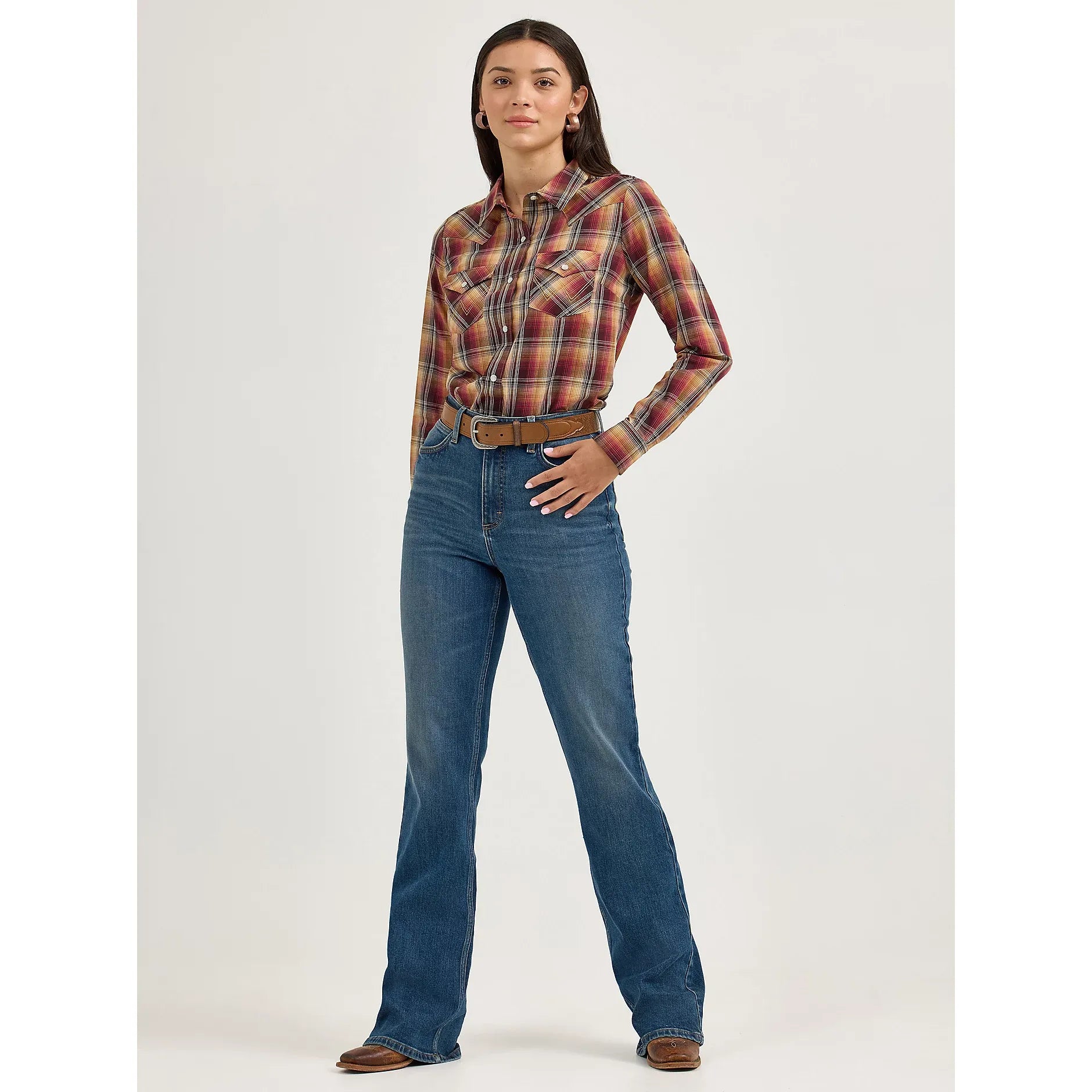 Women's Wrangler Essential Long Sleeve Plaid Western Snap Top-Harvest Plaid