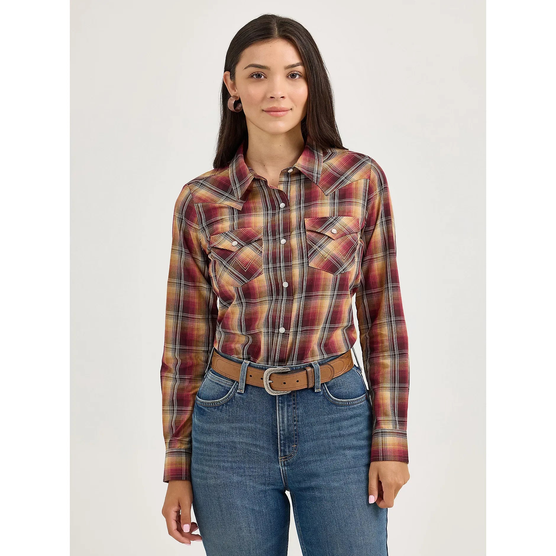 Women's Wrangler Essential Long Sleeve Plaid Western Snap Top-Harvest Plaid