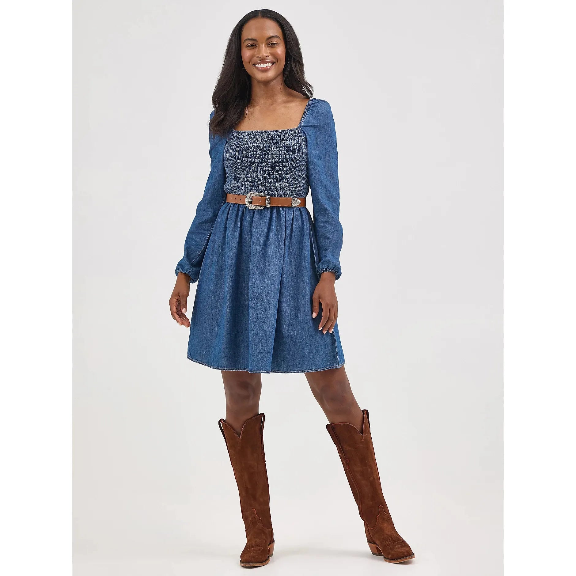 Women's Wrangler Smocked Bodice A-Line Dress-Dark Denim