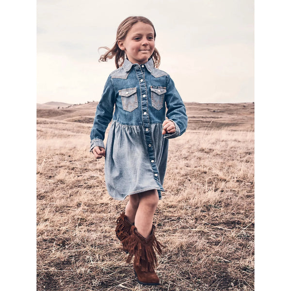 Wrangler Girl's Long Sleeve Western Denim Dress-Mid Denim