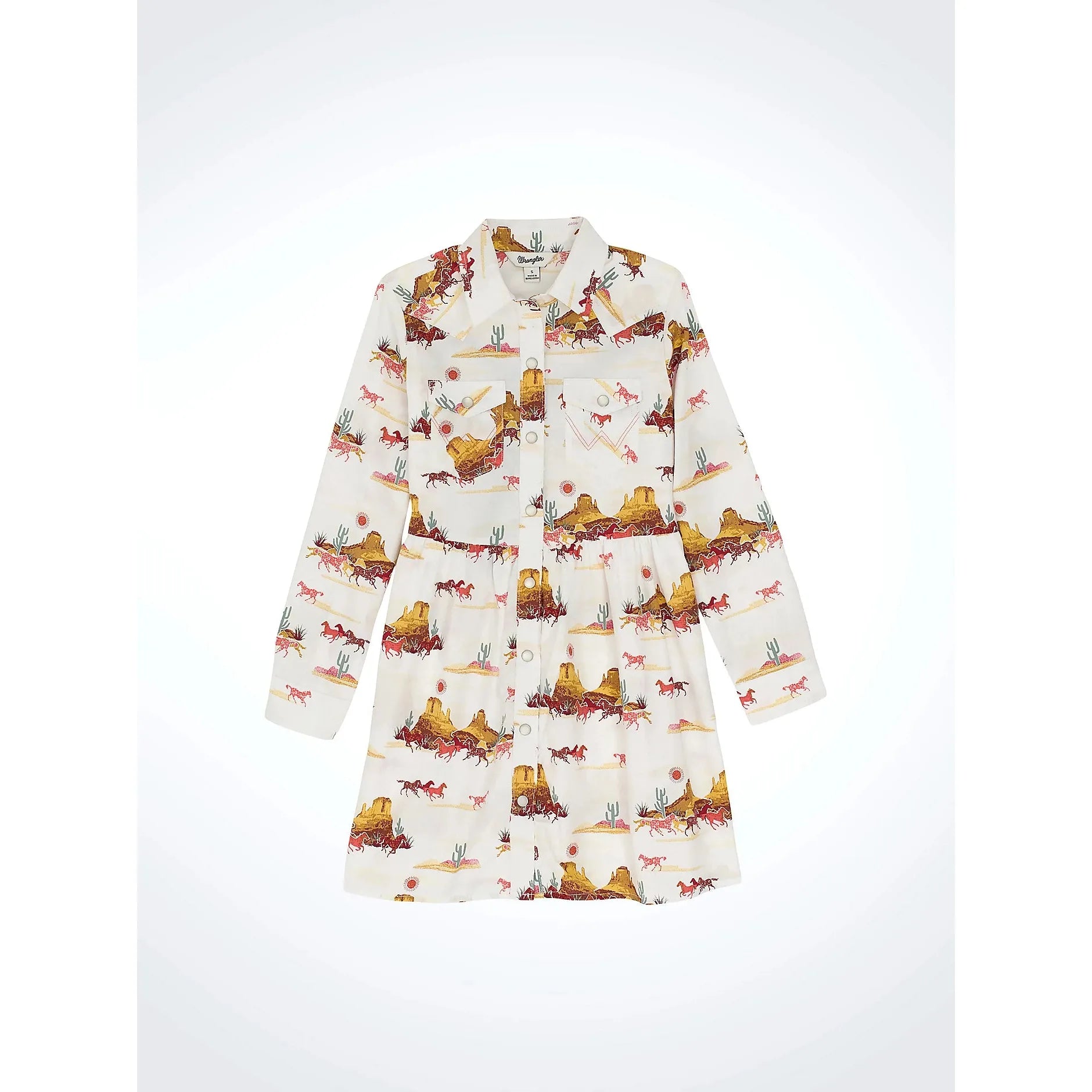 Wrangler Girl's Long Sleeve Printed Western Snap Dress-Mesa White