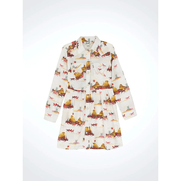 Wrangler Girl's Long Sleeve Printed Western Snap Dress-Mesa White