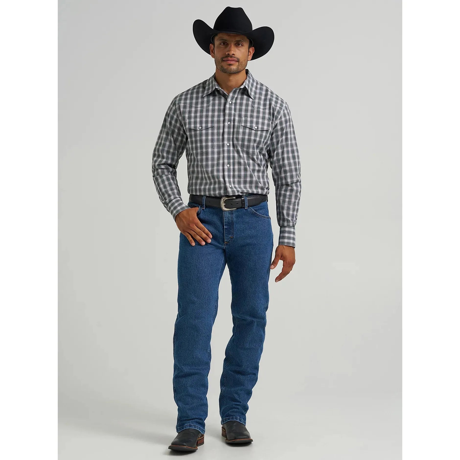 Men's Wrangler Wrinkle Resist Long Sleeve Western Snap Plaid Shirt-Smokey Sea