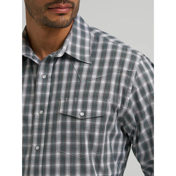Men's Wrangler Wrinkle Resist Long Sleeve Western Snap Plaid Shirt-Smokey Sea