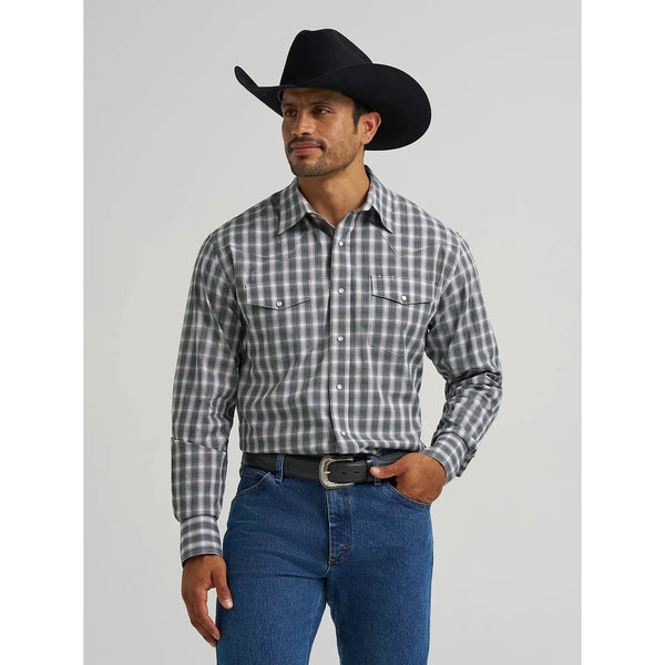 Men's Wrangler Wrinkle Resist Long Sleeve Western Snap Plaid Shirt-Smokey Sea