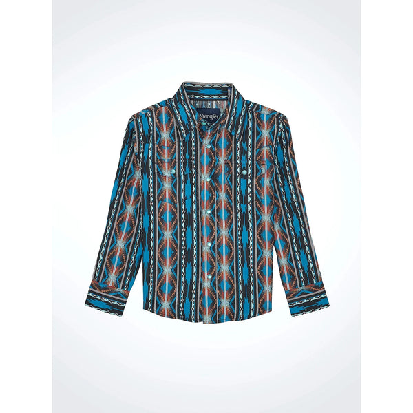 Boy's Wrangler Checotah® Long Sleeve Western Snap Printed Shirt-Turquoise Crimson