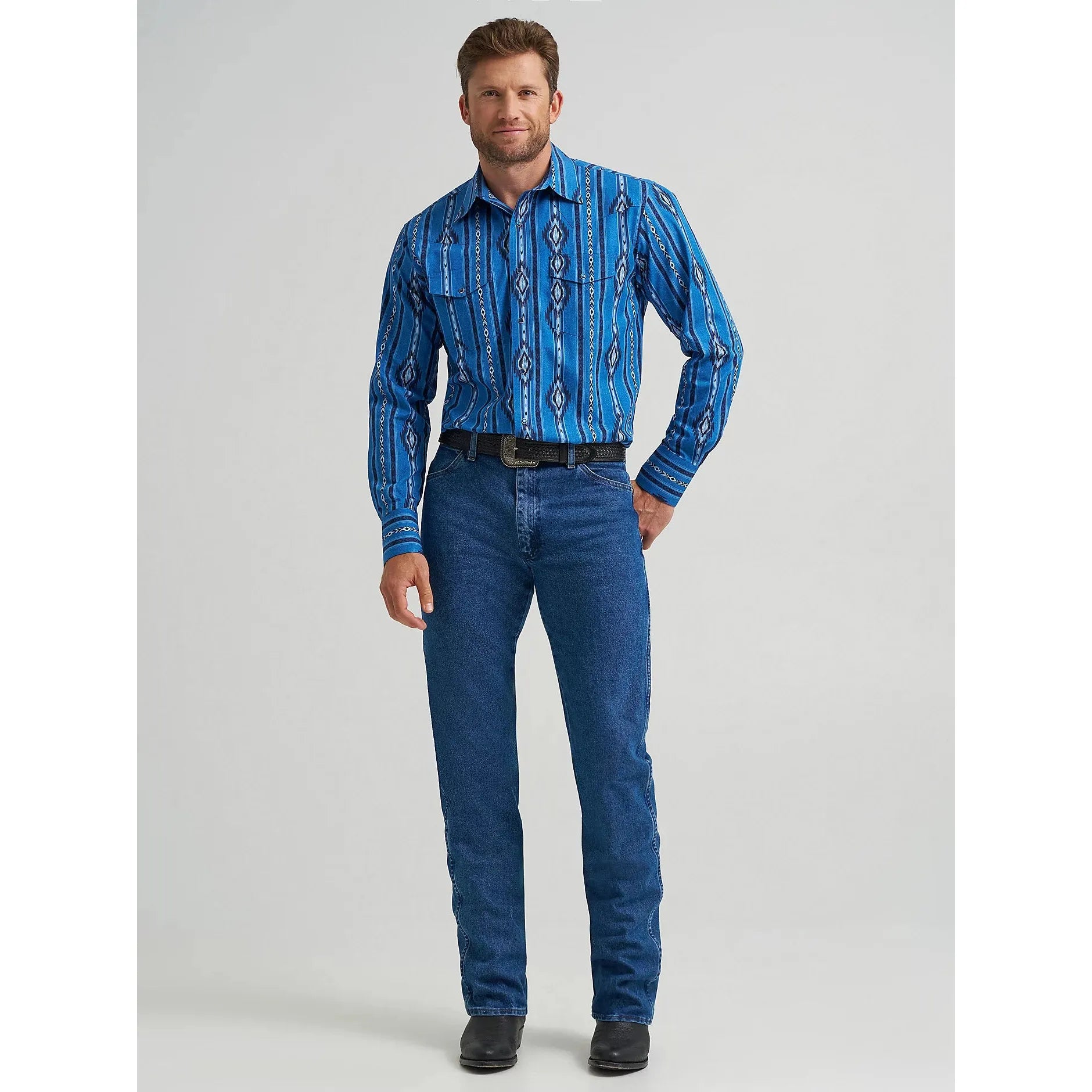 Men's Wrangler Checotah® Long Sleeve Western Snap Printed Shirt-Blue Darkly