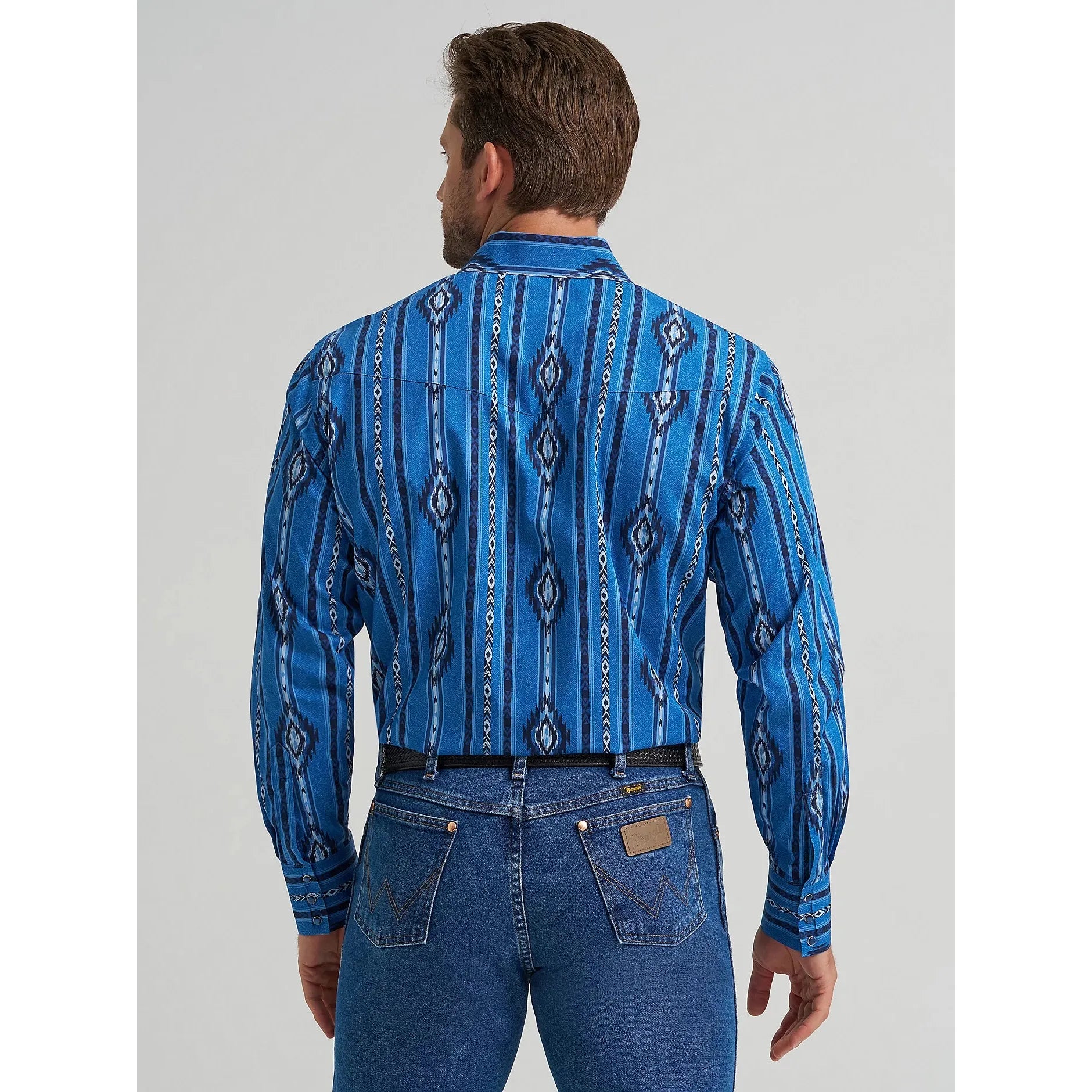 Men's Wrangler Checotah® Long Sleeve Western Snap Printed Shirt-Blue Darkly