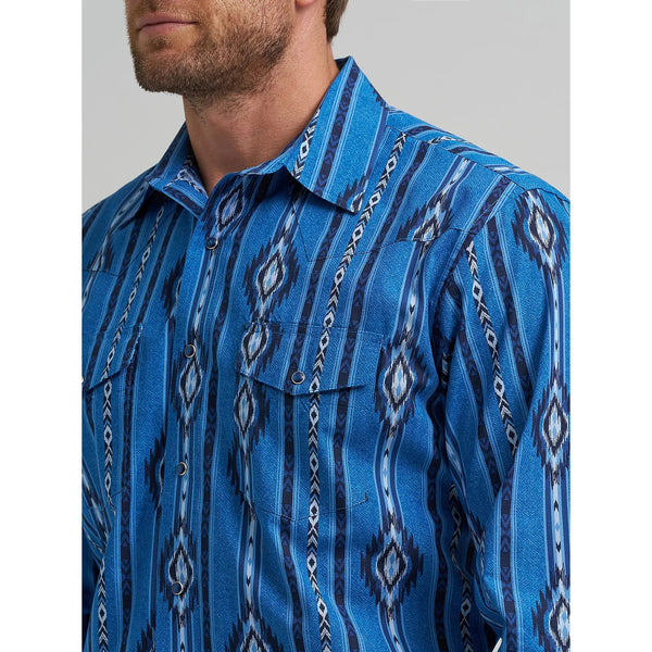 Men's Wrangler Checotah® Long Sleeve Western Snap Printed Shirt-Blue Darkly