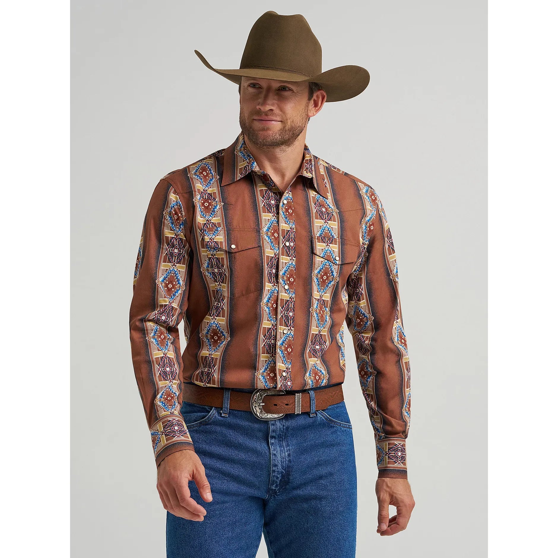 Men's Wrangler Checotah® Long Sleeve Western Snap Printed Shirt-Brown Rose Window