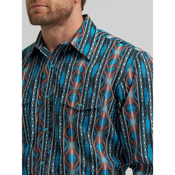 Men's Wrangler Checotah® Long Sleeve Western Snap Printed Shirt-Turquoise Crimson