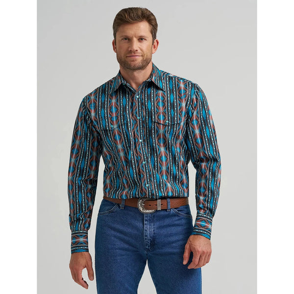Men's Wrangler Checotah® Long Sleeve Western Snap Printed Shirt-Turquoise Crimson