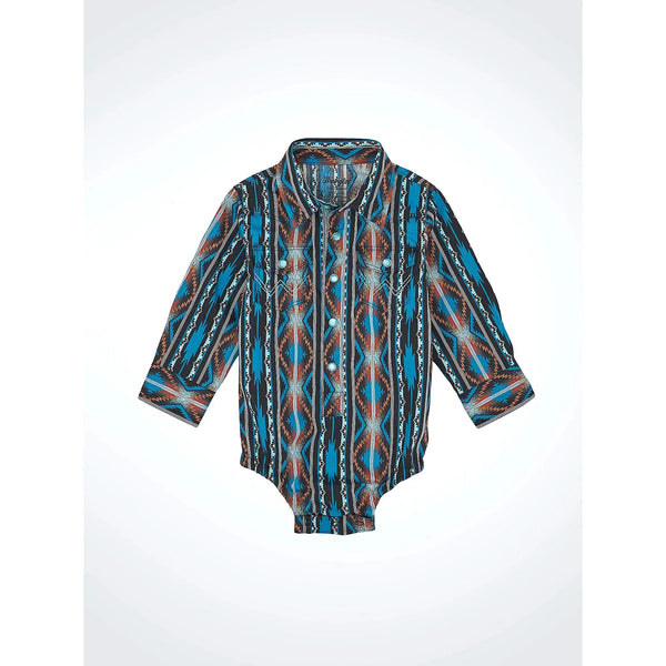 Baby Boy's Wrangler Checotah® Long Sleeve Western Snap Bodysuit-Turquoise Crimson