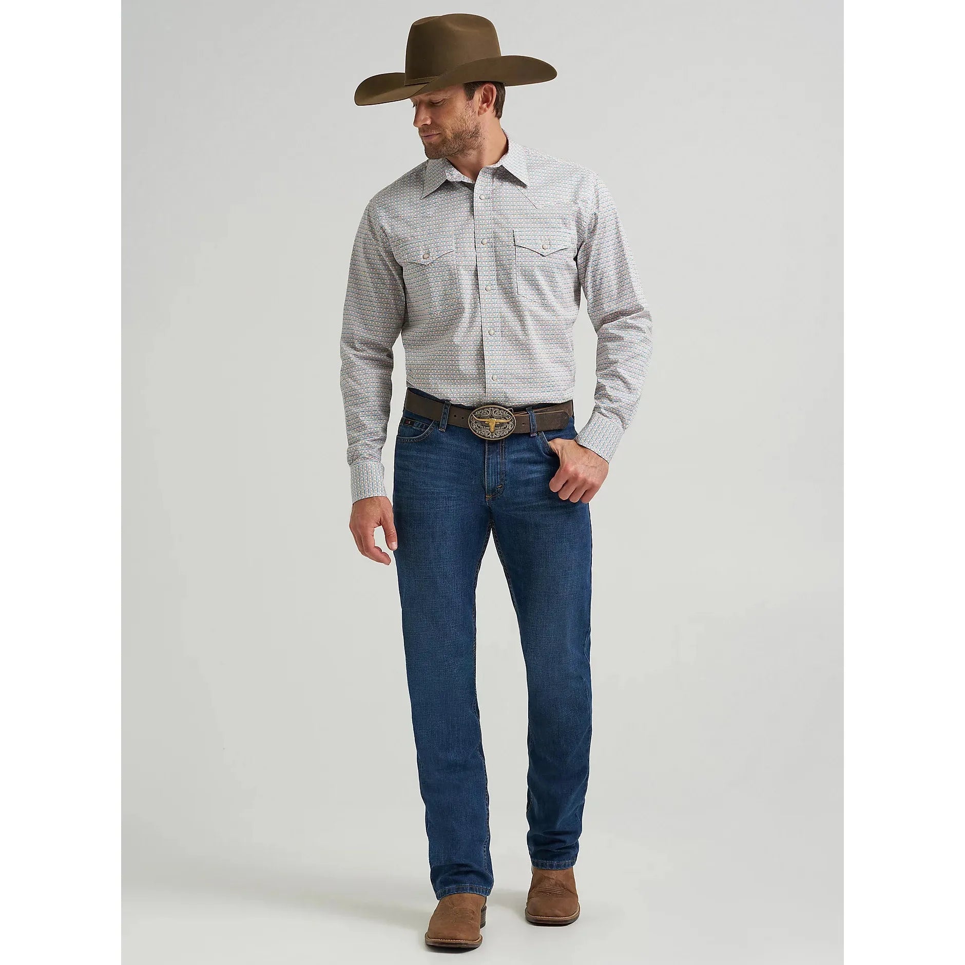 Men's Wrangler 20X Competition Advanced Comfort Long Sleeve Two Pocket Western Snap Shirt-Rustic Brown T