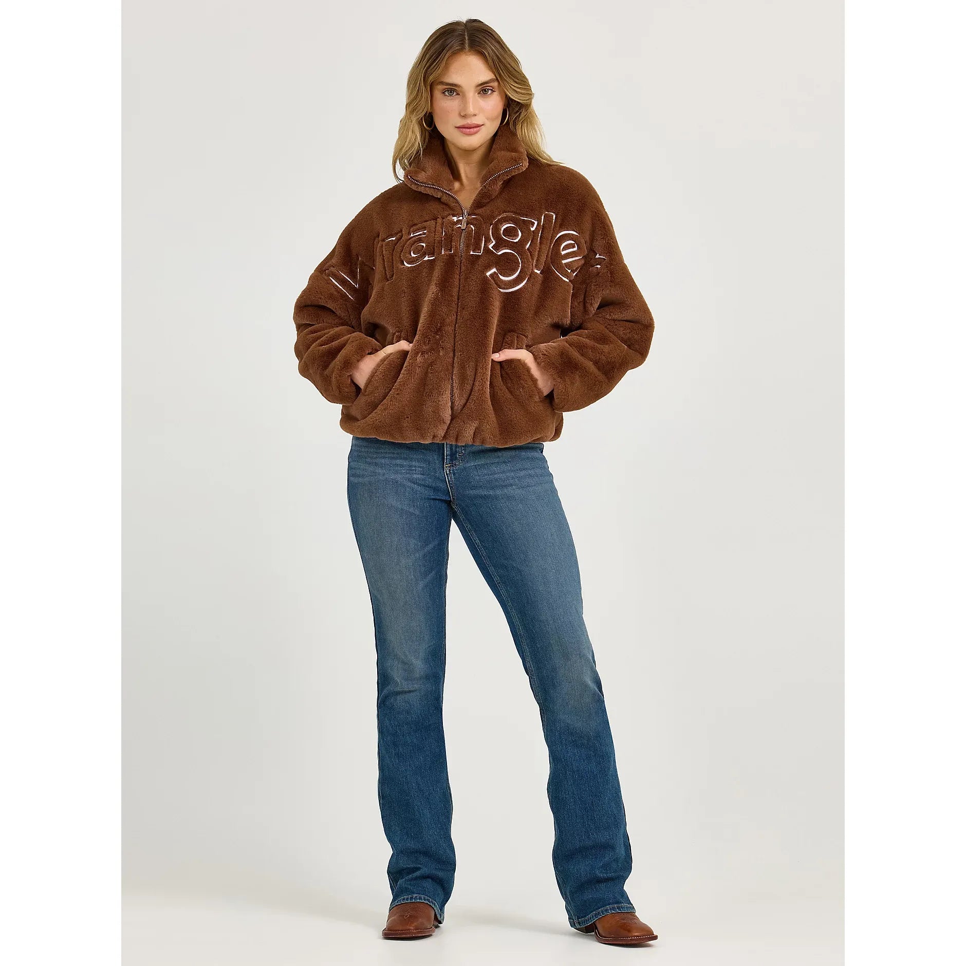 Women's Wrangler Logo Fuzzy Zip Jacket-Teddy Brown