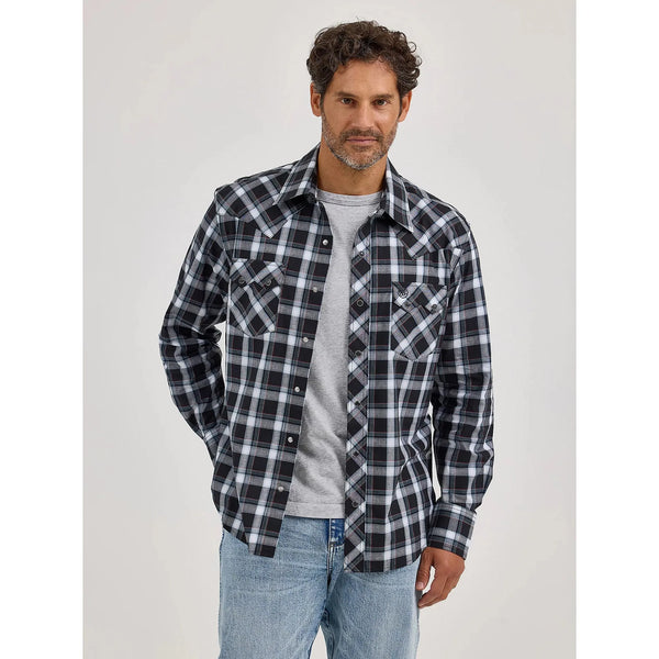 Men's Wrangler Retro® Long Sleeve Sawtooth Snap Pocket Western Shirt-Black White