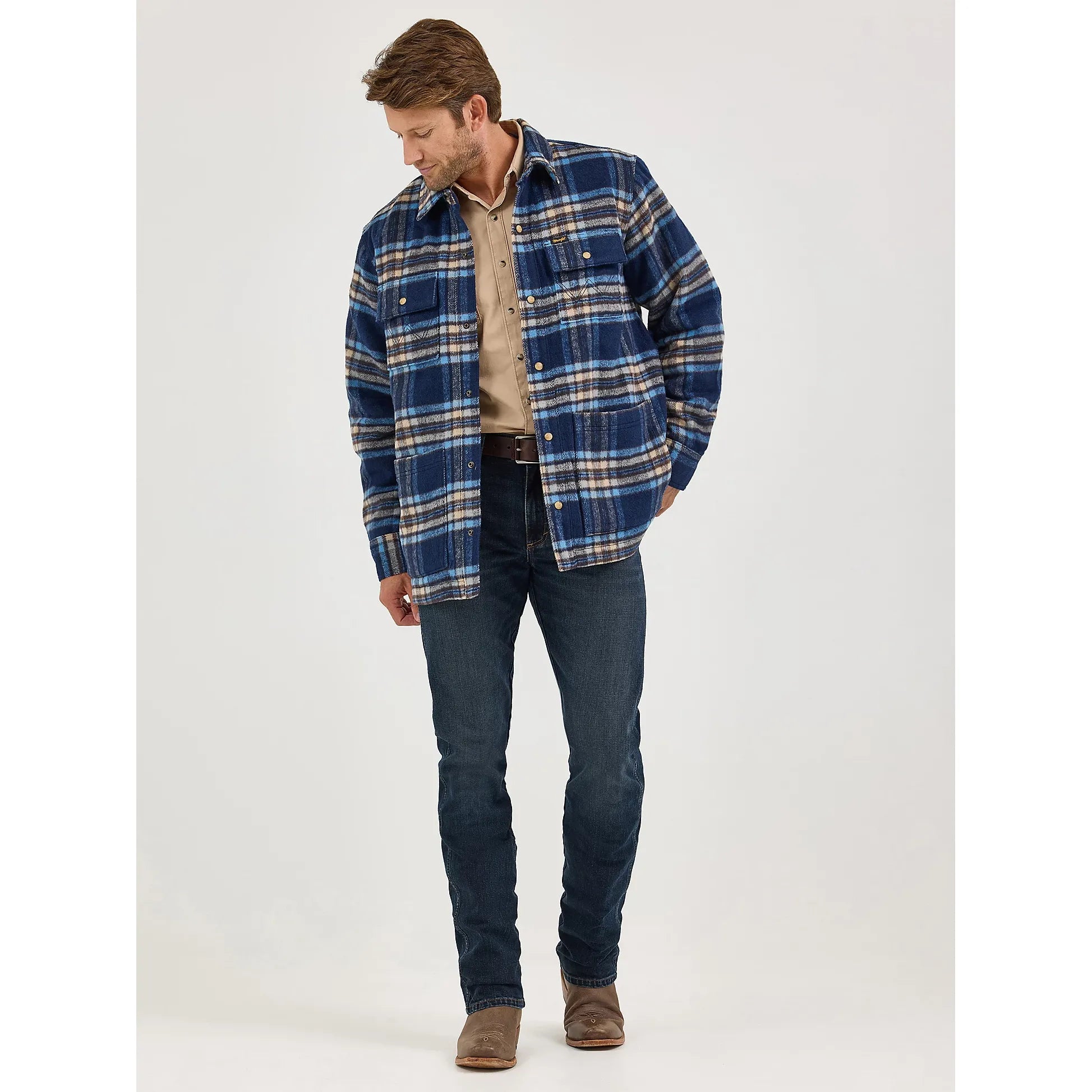 Men's Wrangler Quilt Lined Flannel Shirt Jacket-Navy Plaid