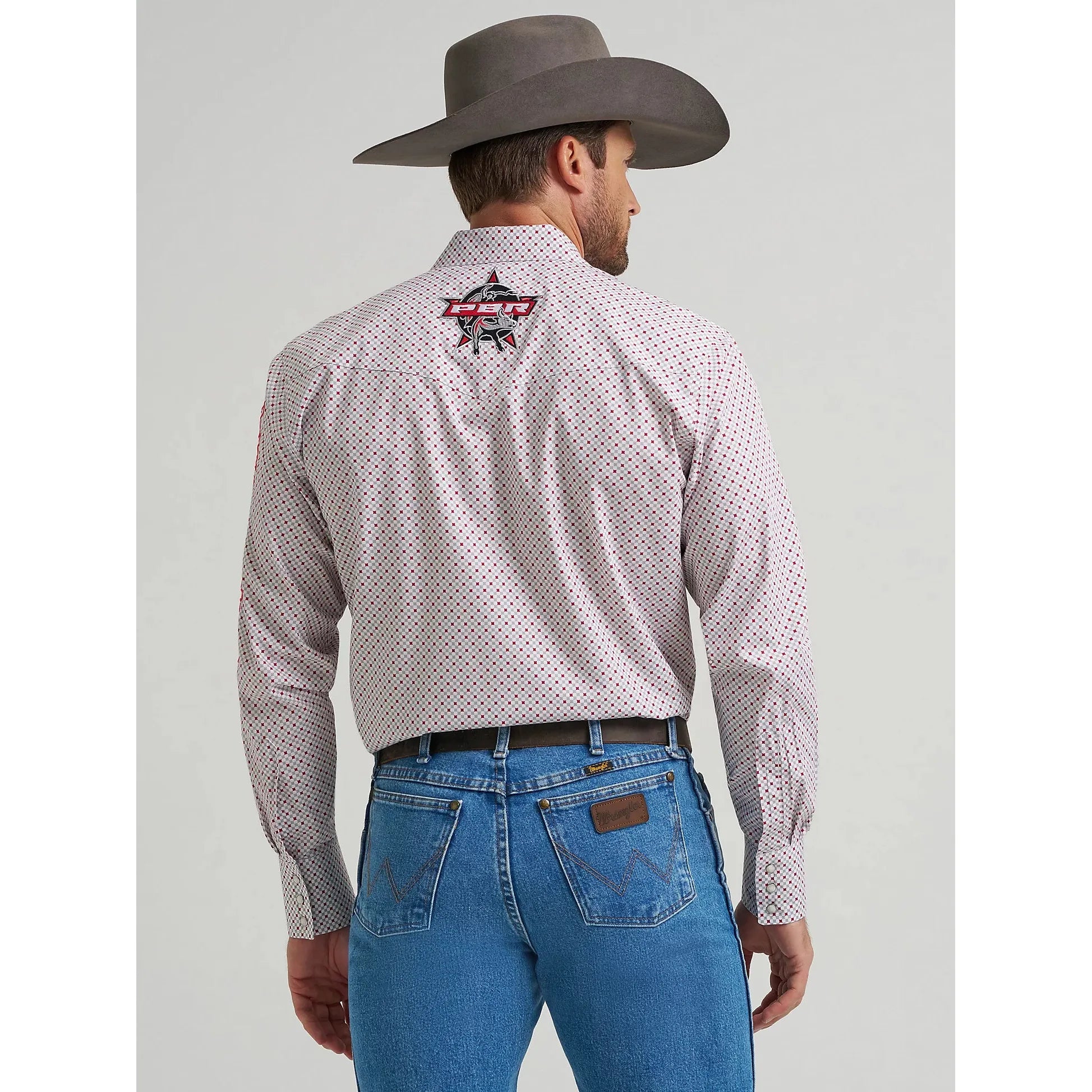 Men's Wrangler PBR Long Sleeve Print Western Snap Shirt-Red Diamond