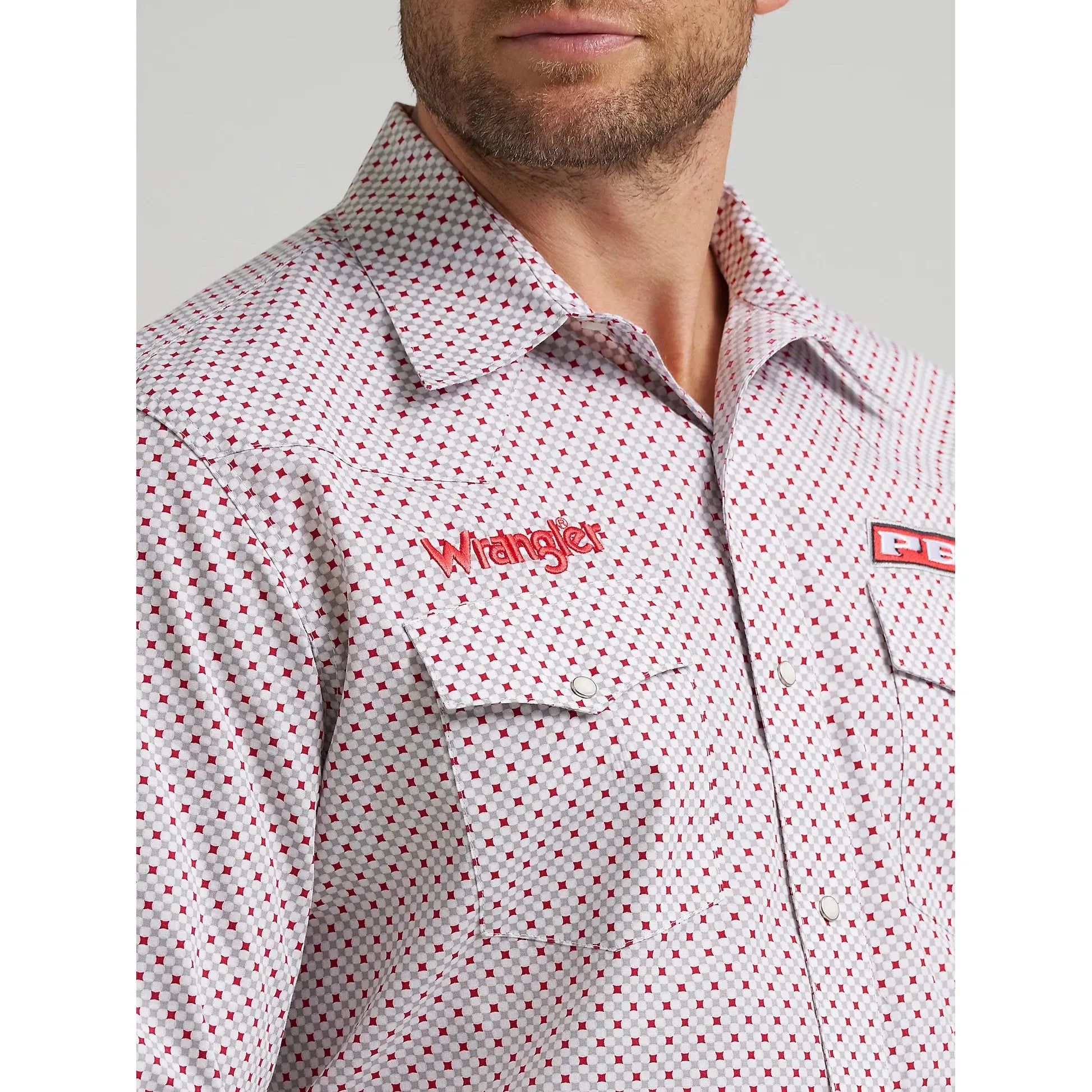 Men's Wrangler PBR Long Sleeve Print Western Snap Shirt-Red Diamond