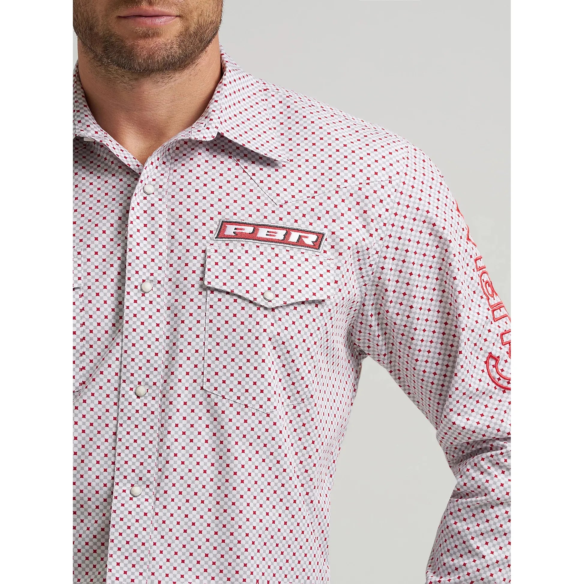 Men's Wrangler PBR Long Sleeve Print Western Snap Shirt-Red Diamond