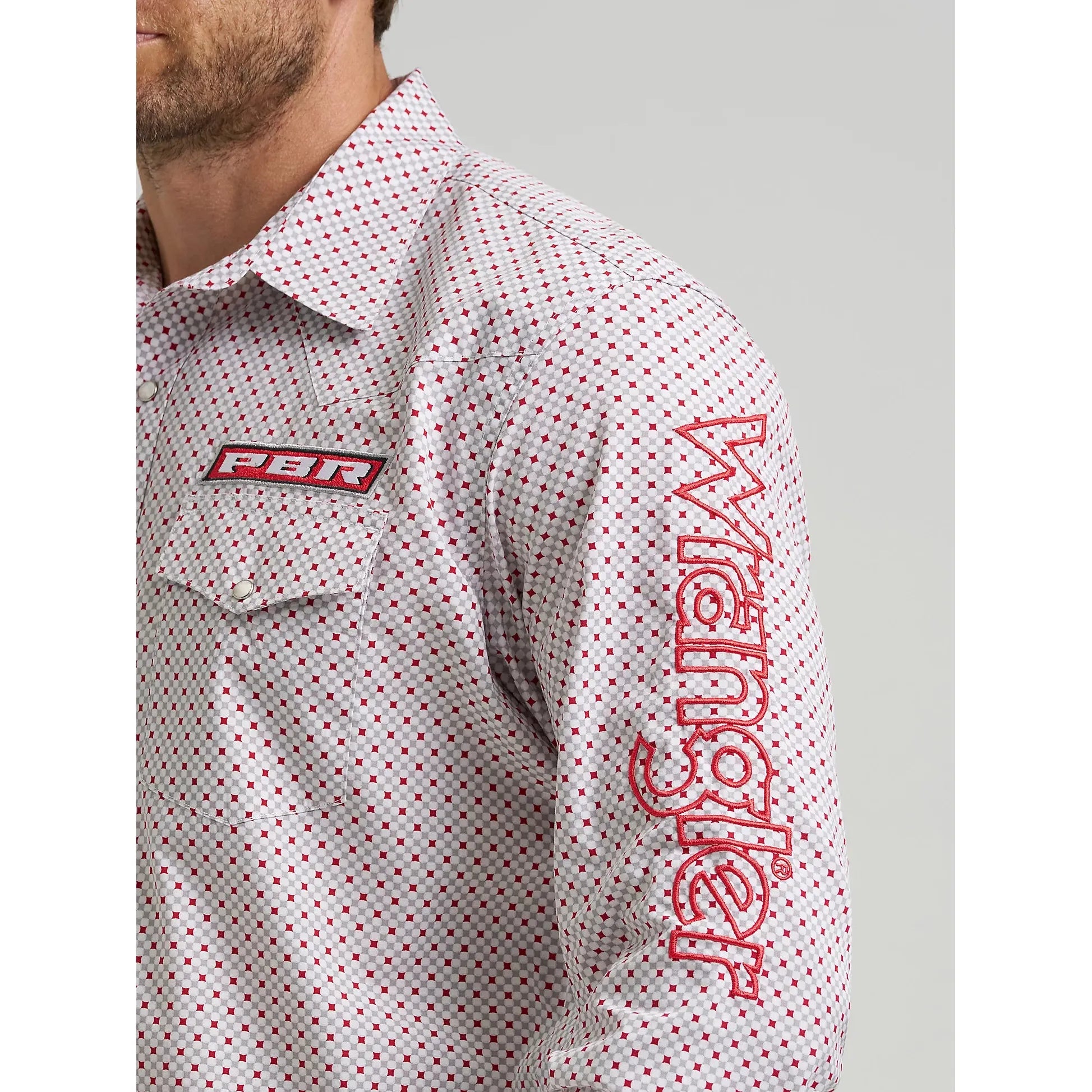 Men's Wrangler PBR Long Sleeve Print Western Snap Shirt-Red Diamond