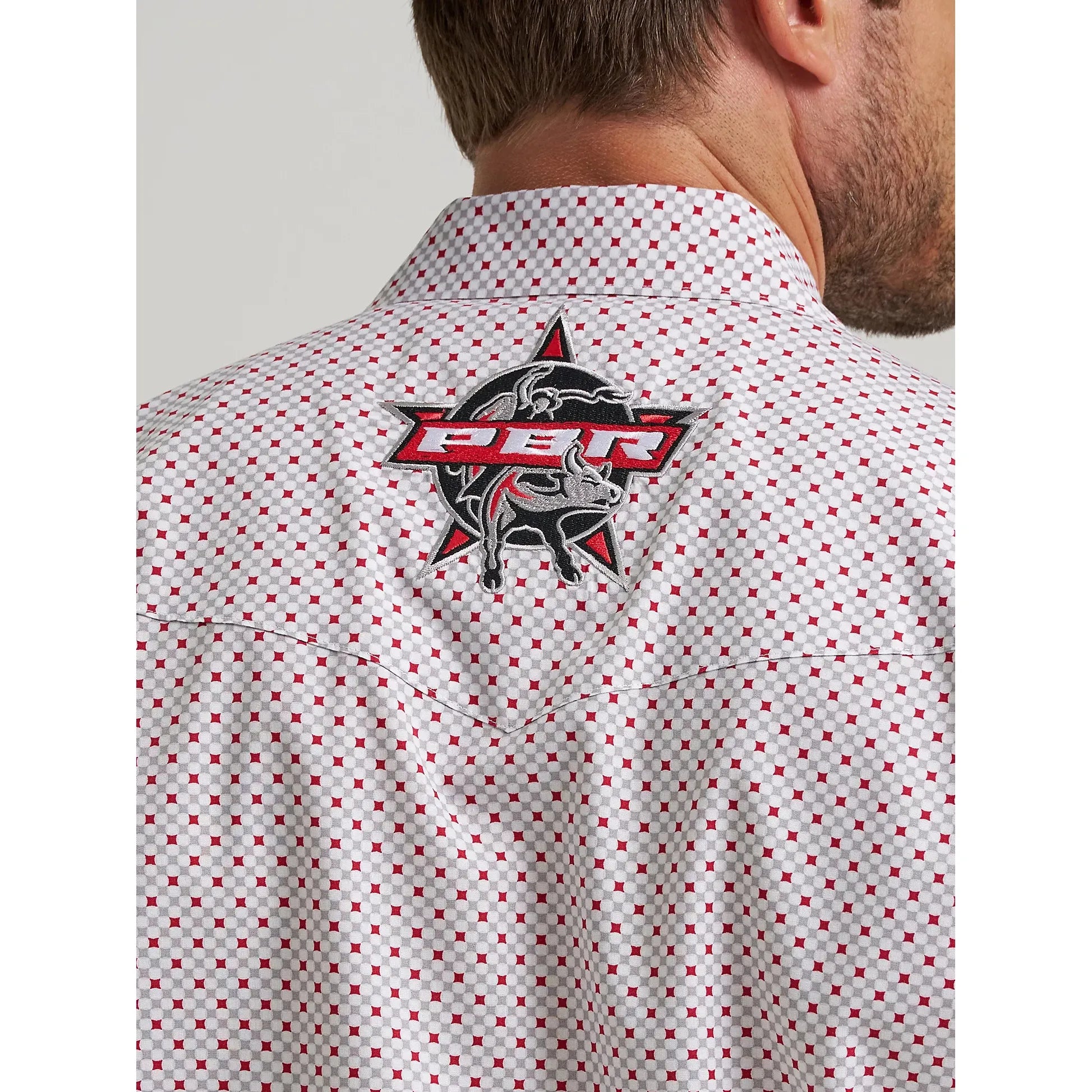 Men's Wrangler PBR Long Sleeve Print Western Snap Shirt-Red Diamond