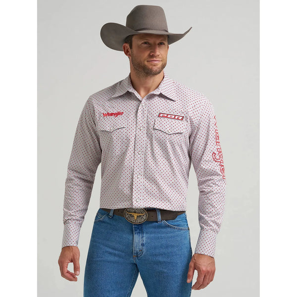 Men's Wrangler PBR Long Sleeve Print Western Snap Shirt-Red Diamond