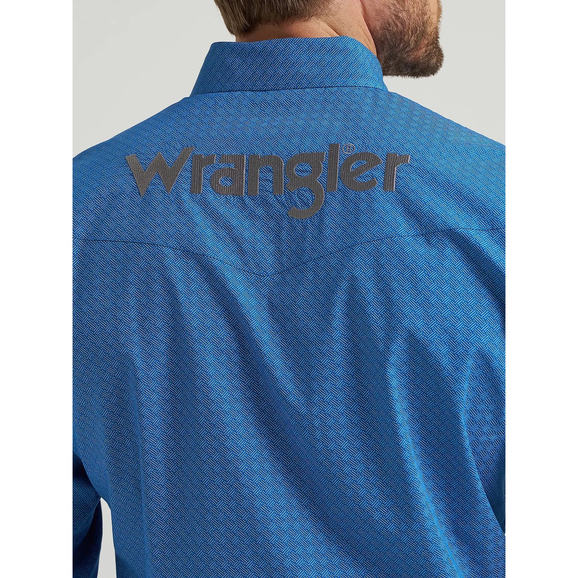 Men's Wrangler Logo Long Sleeve Western Snap Shirt-Cerulean Hatch